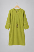 A light olive green tunic dress with three-quarter sleeves and a drawstring tassel, hanging on a black hanger against a white wardrobe door.