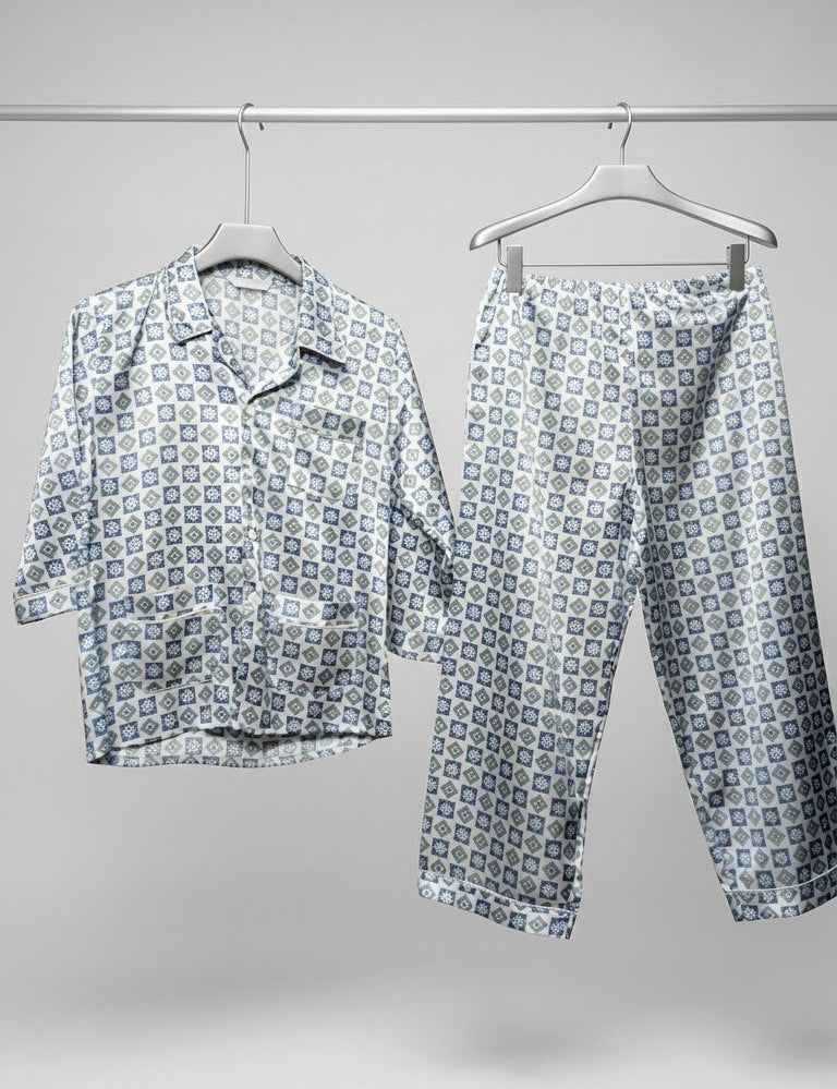 Premium Blue & White Geometric Print Loungewear Set