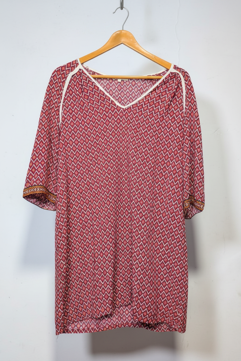 Berry Red Geometric V-Neck Tunic Top