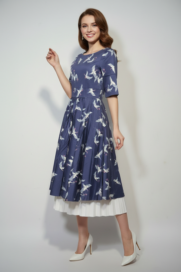 Navy Blue Crane Print Fit and Flare Midi Dress