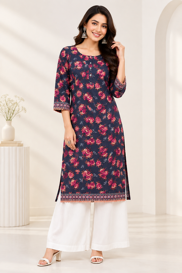 Navy Blue Floral Print Premium  2Pc