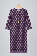 A purple long kurta with a white block print pattern, hanging on a metal hanger against a white wardrobe door.