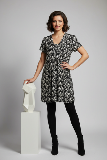 Monochrome Bird Print Vintage Midi Dress