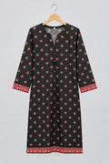 A black three-quarter sleeve tunic or kurta with a red and orange geometric pattern and red patterned cuffs, hanging on a metal hanger against a white wardrobe door.