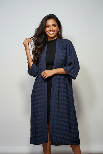 Navy Textured Stripe Long Kimono Shrug Top