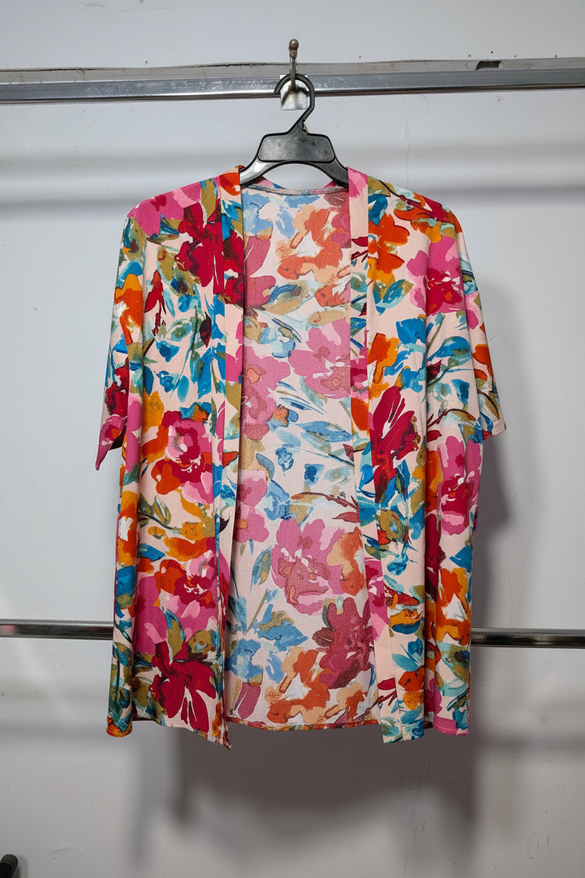 Multicolor Watercolor Floral Open-Front Kimono Shrug Top
