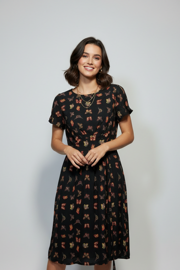 Black Butterfly Print Pleated Midi Dress